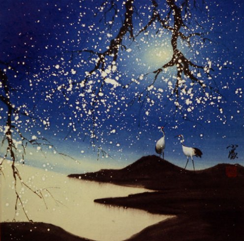 Blue Dreams Chinese Cranes Landscape painting: Nebula Stone Metaphisical Esoteric writings