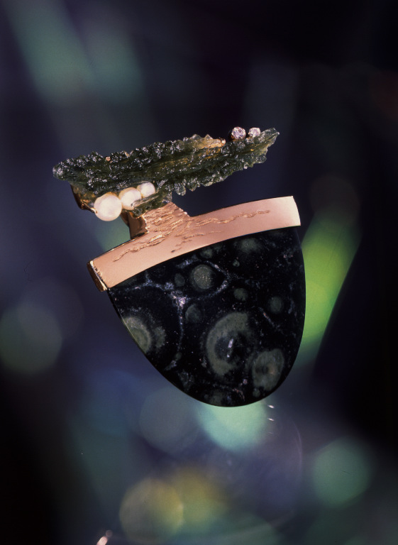 Nebula Stone with Pearls Moldavite and Diamonds on Gold Pendant
